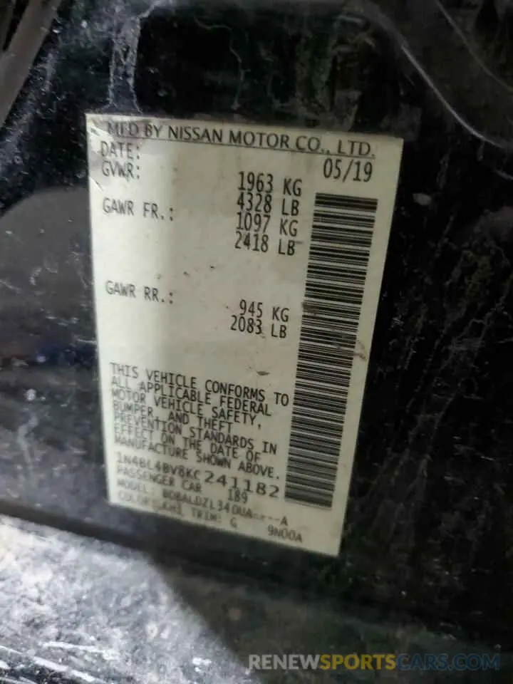 12 Photograph of a damaged car 1N4BL4BV8KC241182 NISSAN ALTIMA 2019