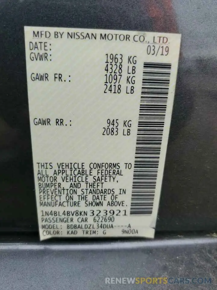 13 Photograph of a damaged car 1N4BL4BV8KN323921 NISSAN ALTIMA 2019