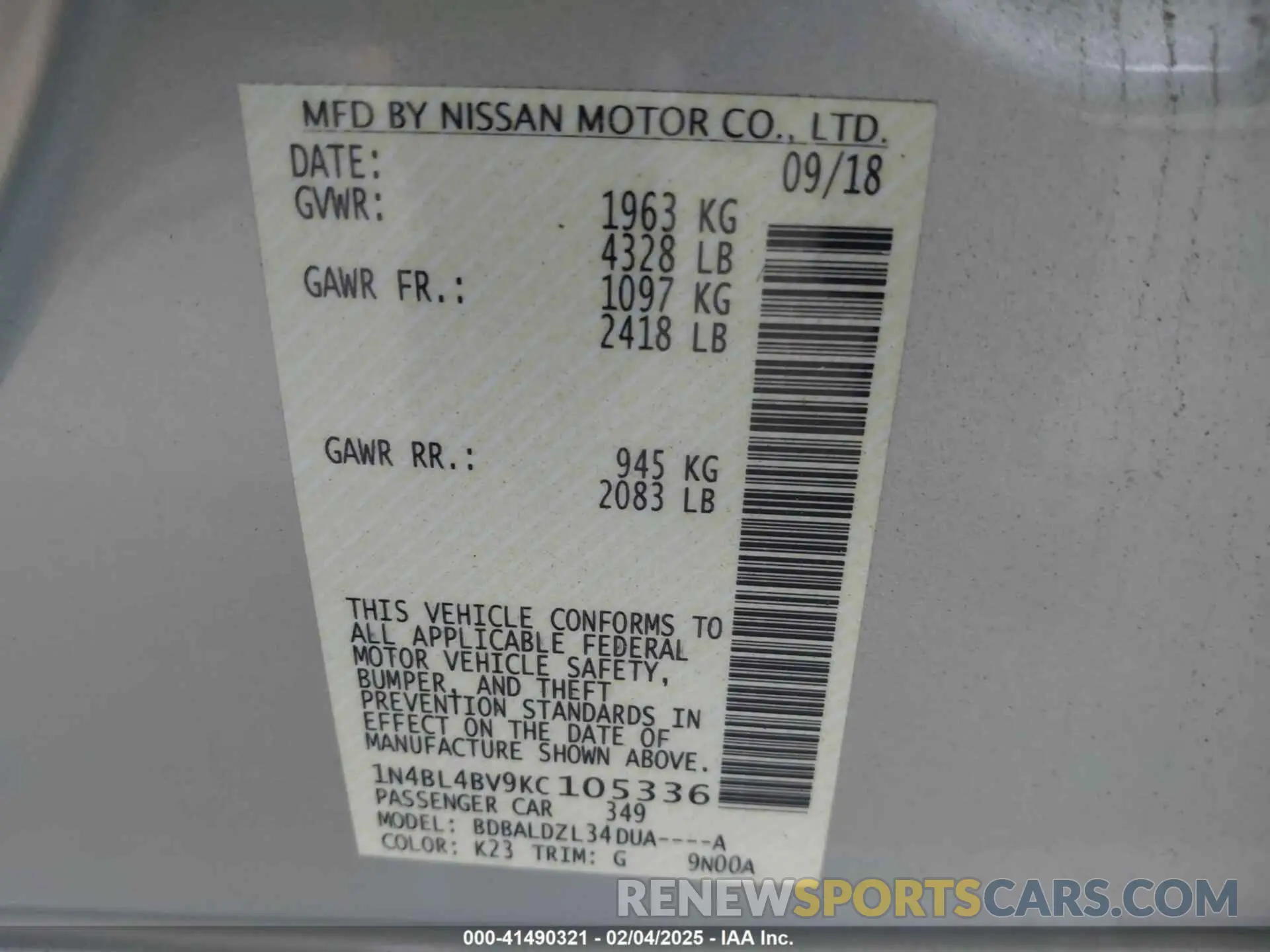 9 Photograph of a damaged car 1N4BL4BV9KC105336 NISSAN ALTIMA 2019