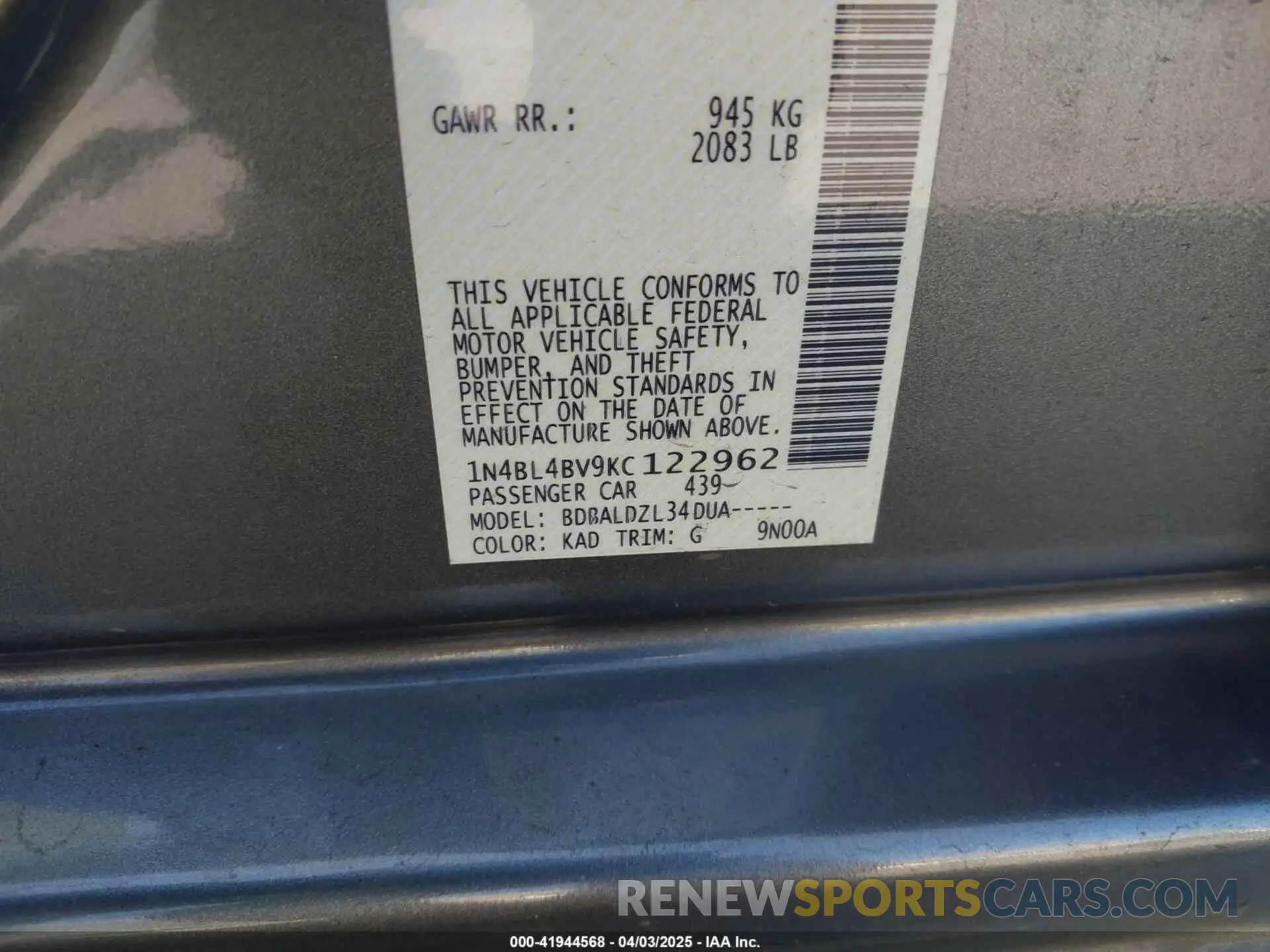 9 Photograph of a damaged car 1N4BL4BV9KC122962 NISSAN ALTIMA 2019