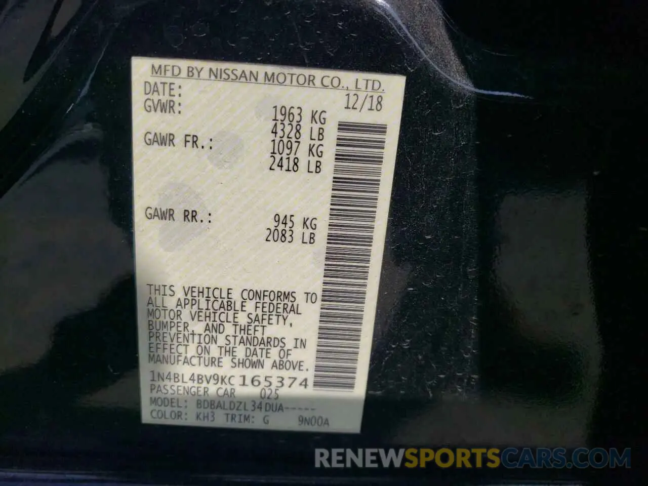12 Photograph of a damaged car 1N4BL4BV9KC165374 NISSAN ALTIMA 2019