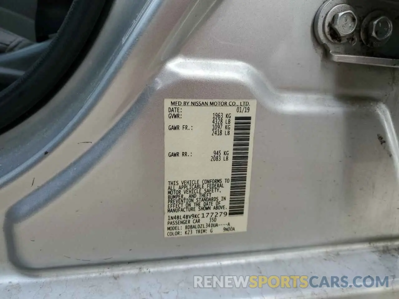 12 Photograph of a damaged car 1N4BL4BV9KC177279 NISSAN ALTIMA 2019