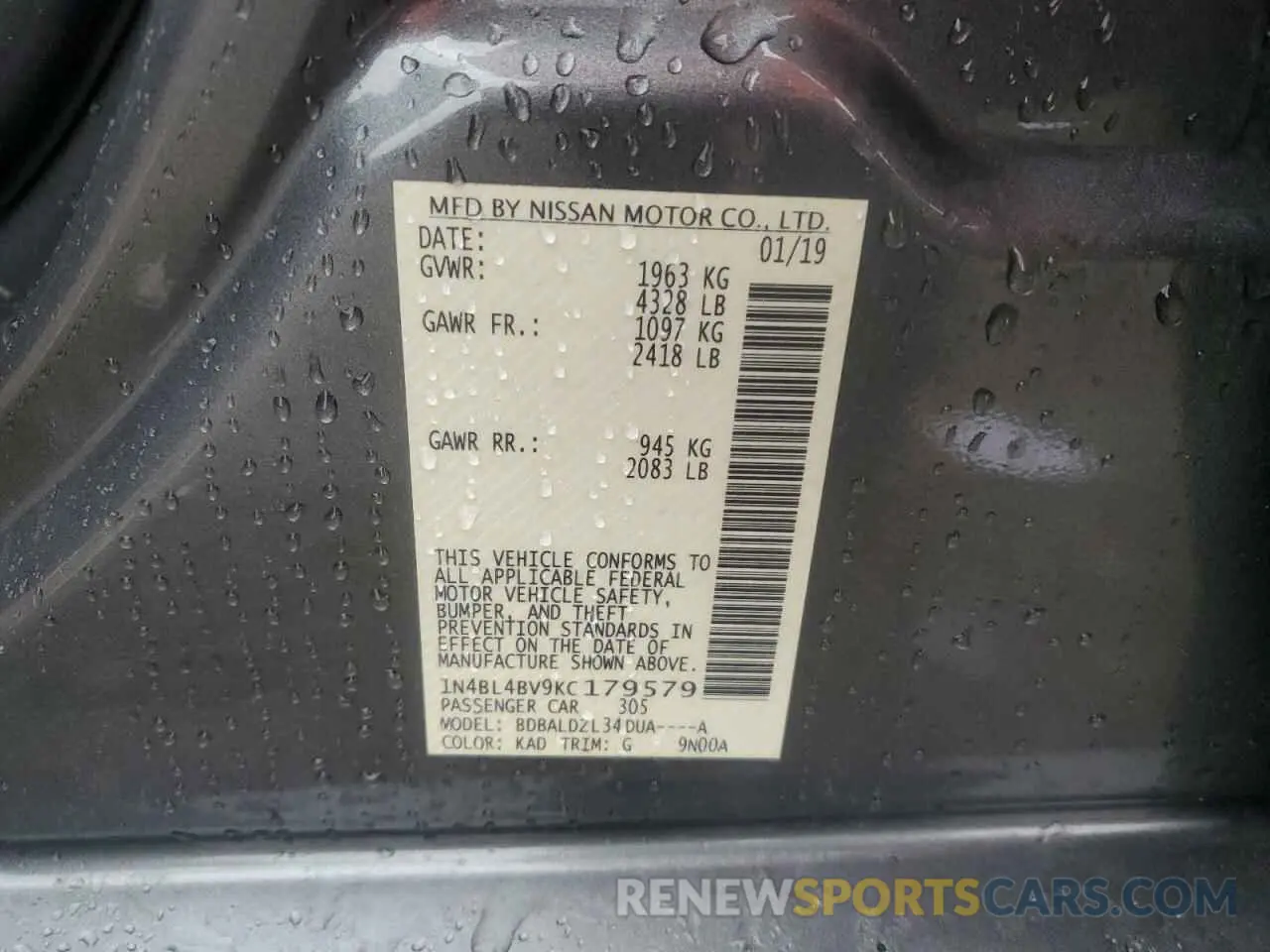 14 Photograph of a damaged car 1N4BL4BV9KC179579 NISSAN ALTIMA 2019