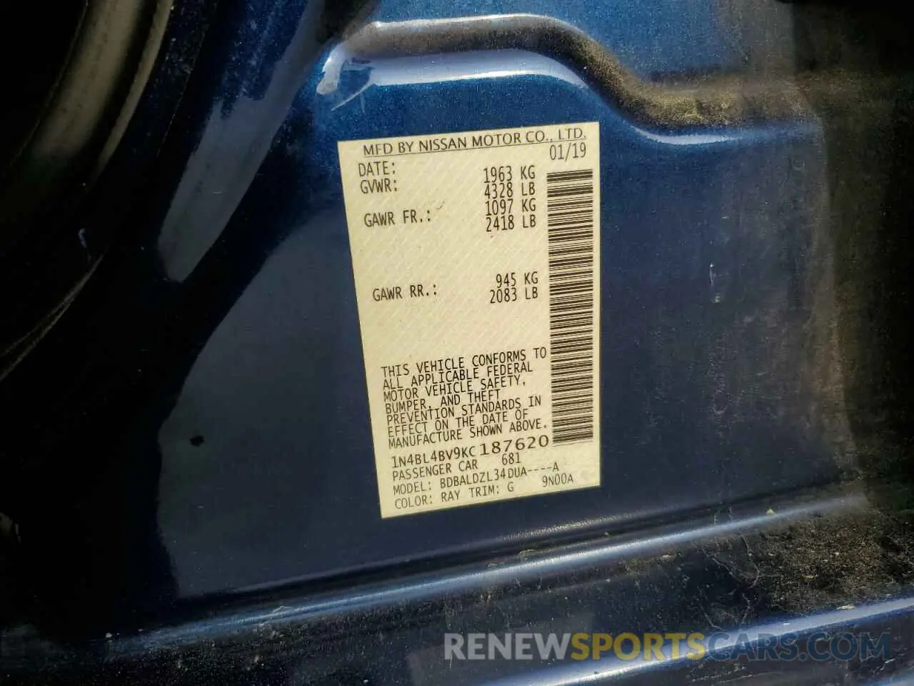 14 Photograph of a damaged car 1N4BL4BV9KC187620 NISSAN ALTIMA 2019