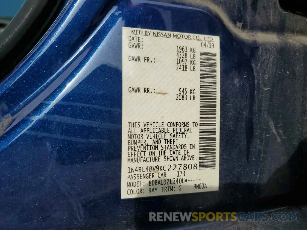 14 Photograph of a damaged car 1N4BL4BV9KC227808 NISSAN ALTIMA 2019