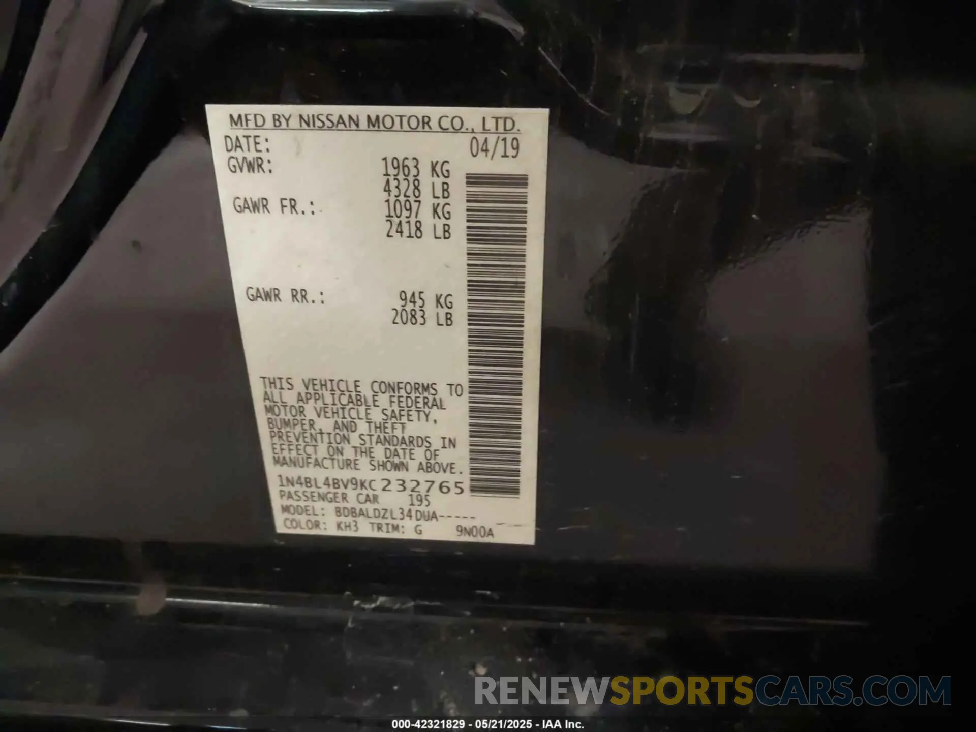 9 Photograph of a damaged car 1N4BL4BV9KC232765 NISSAN ALTIMA 2019