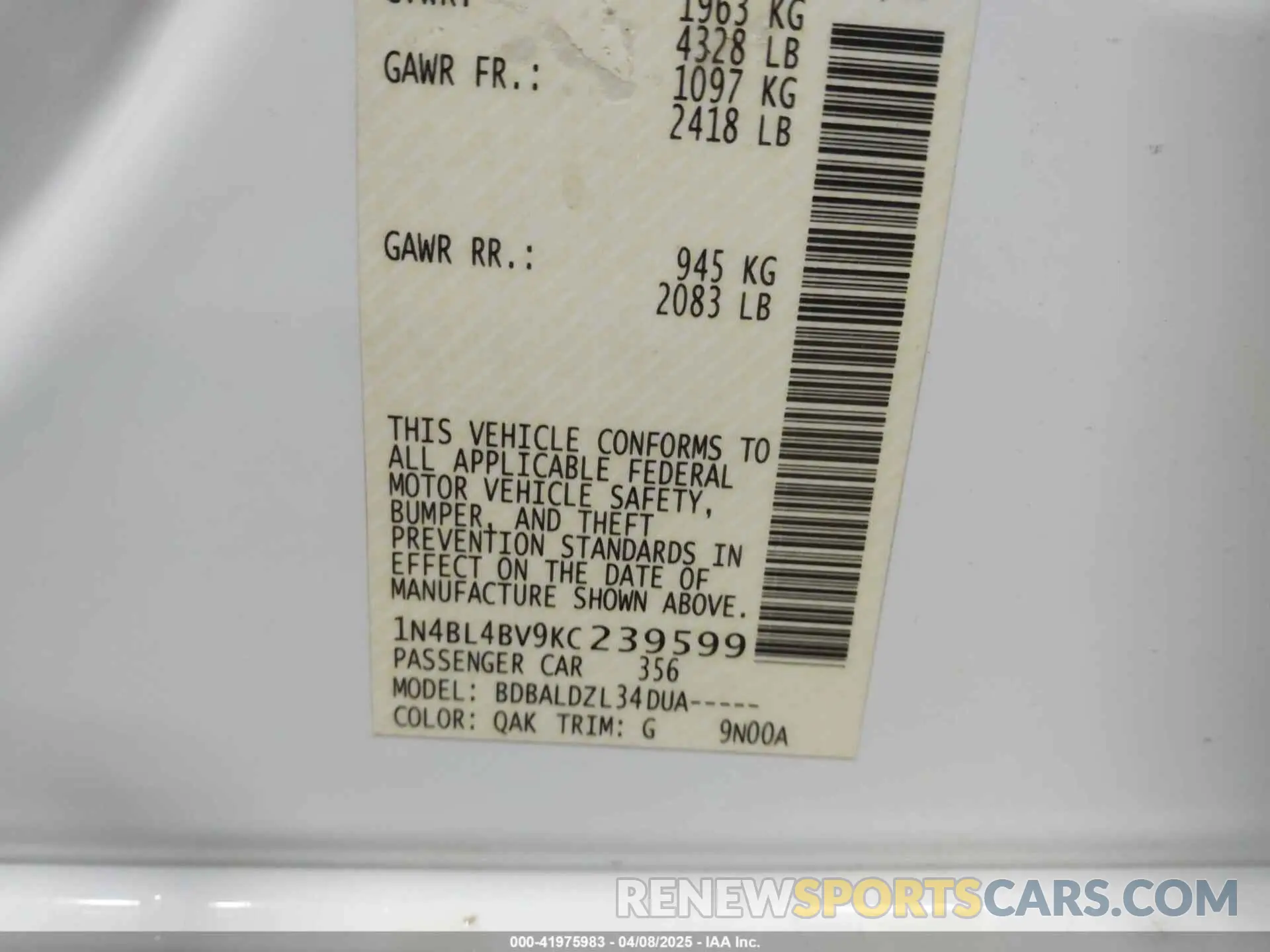 9 Photograph of a damaged car 1N4BL4BV9KC239599 NISSAN ALTIMA 2019