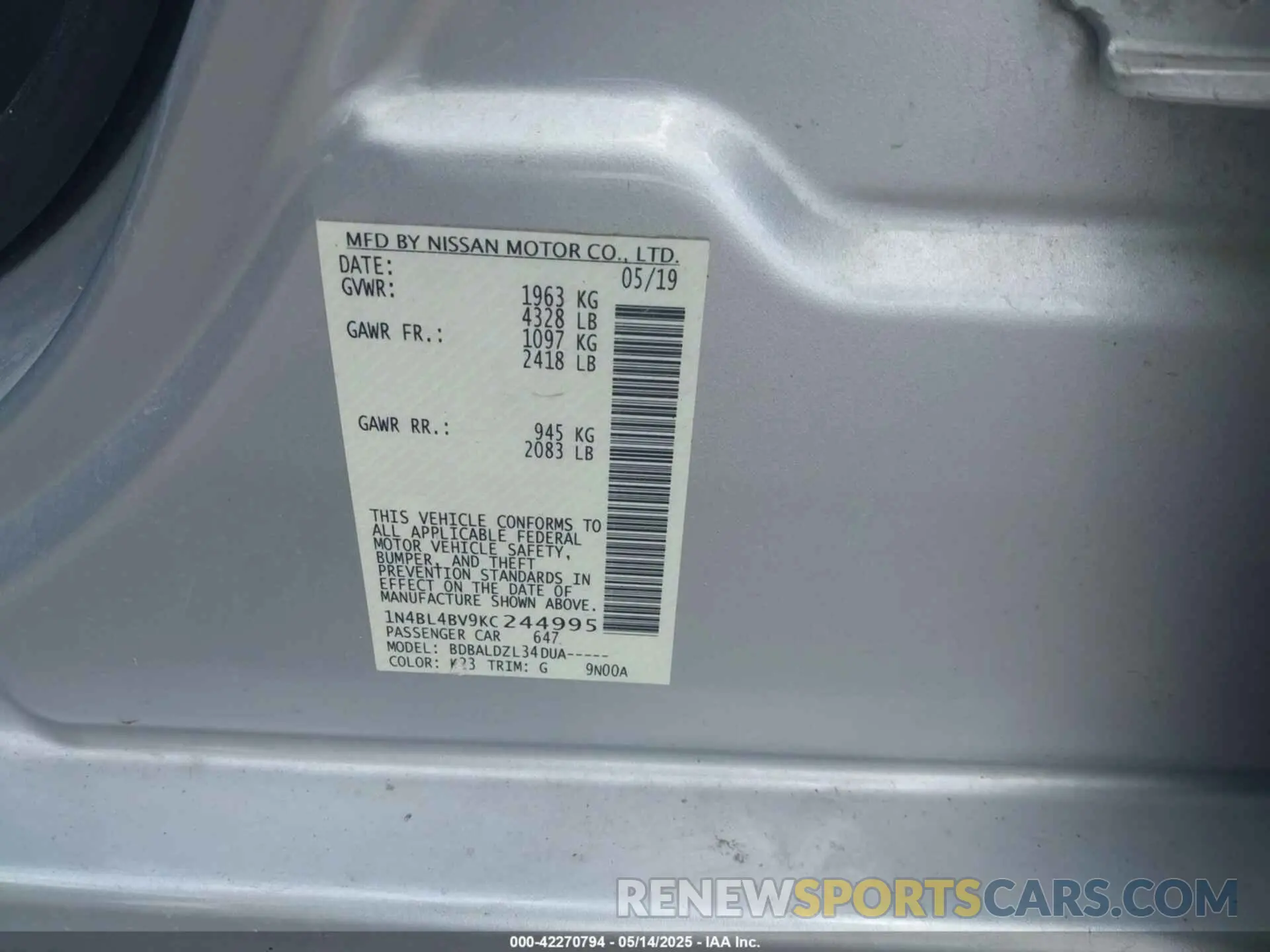 9 Photograph of a damaged car 1N4BL4BV9KC244995 NISSAN ALTIMA 2019
