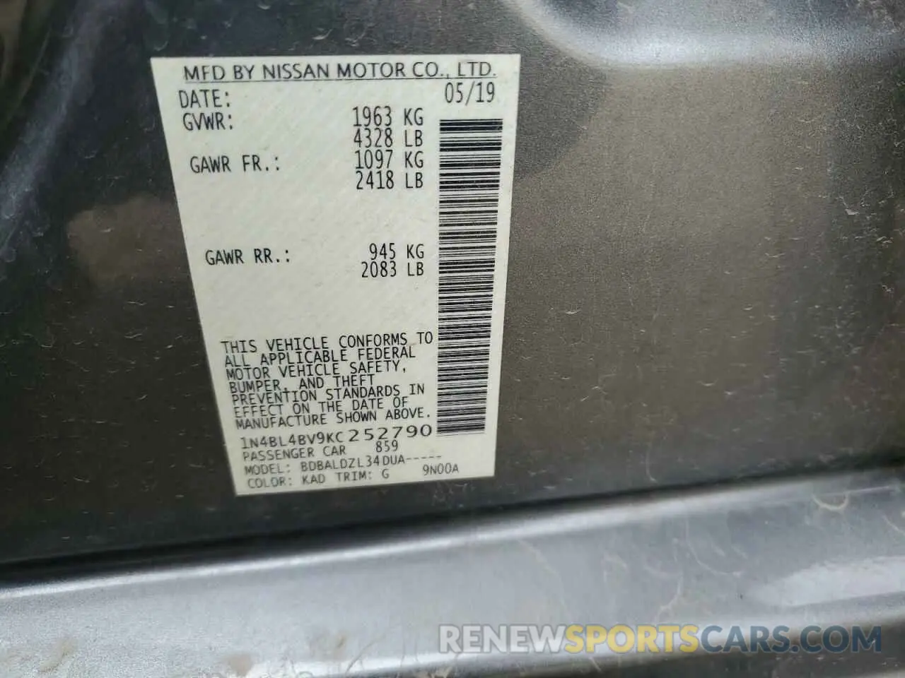 14 Photograph of a damaged car 1N4BL4BV9KC252790 NISSAN ALTIMA 2019