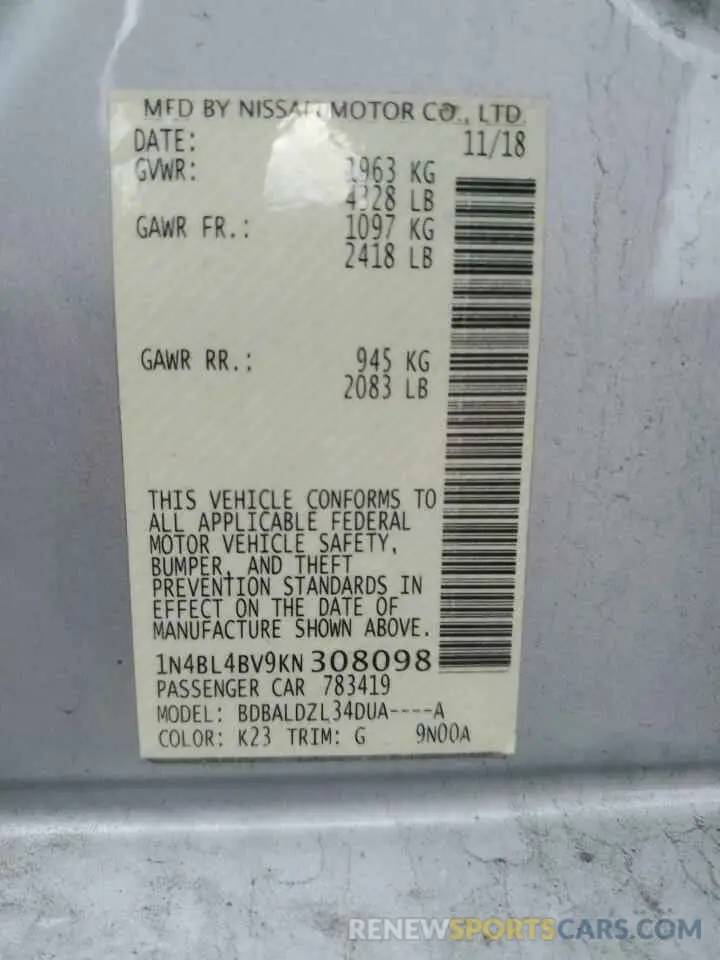 14 Photograph of a damaged car 1N4BL4BV9KN308098 NISSAN ALTIMA 2019