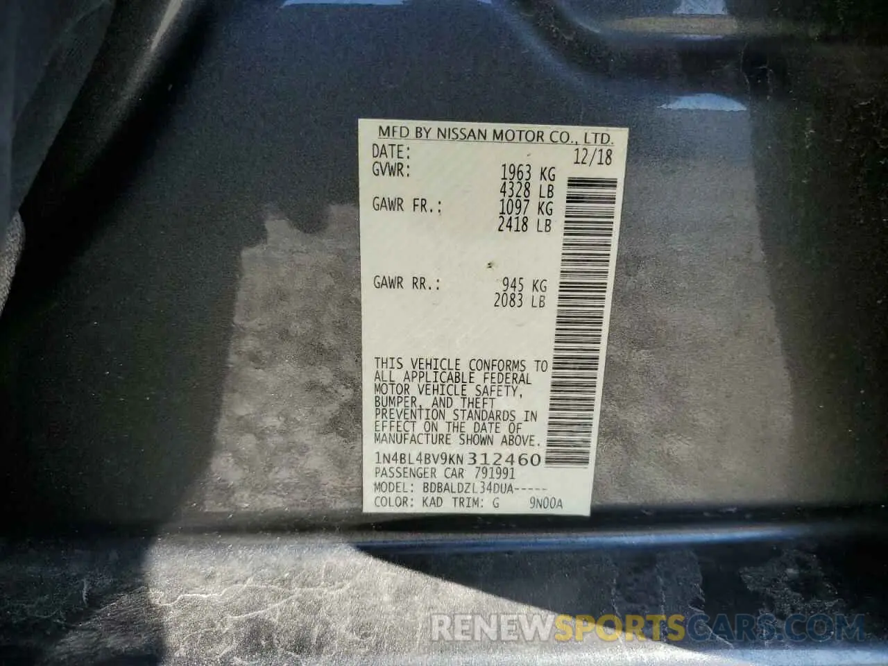 12 Photograph of a damaged car 1N4BL4BV9KN312460 NISSAN ALTIMA 2019