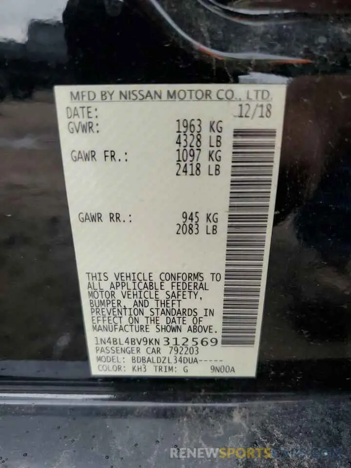 14 Photograph of a damaged car 1N4BL4BV9KN312569 NISSAN ALTIMA 2019