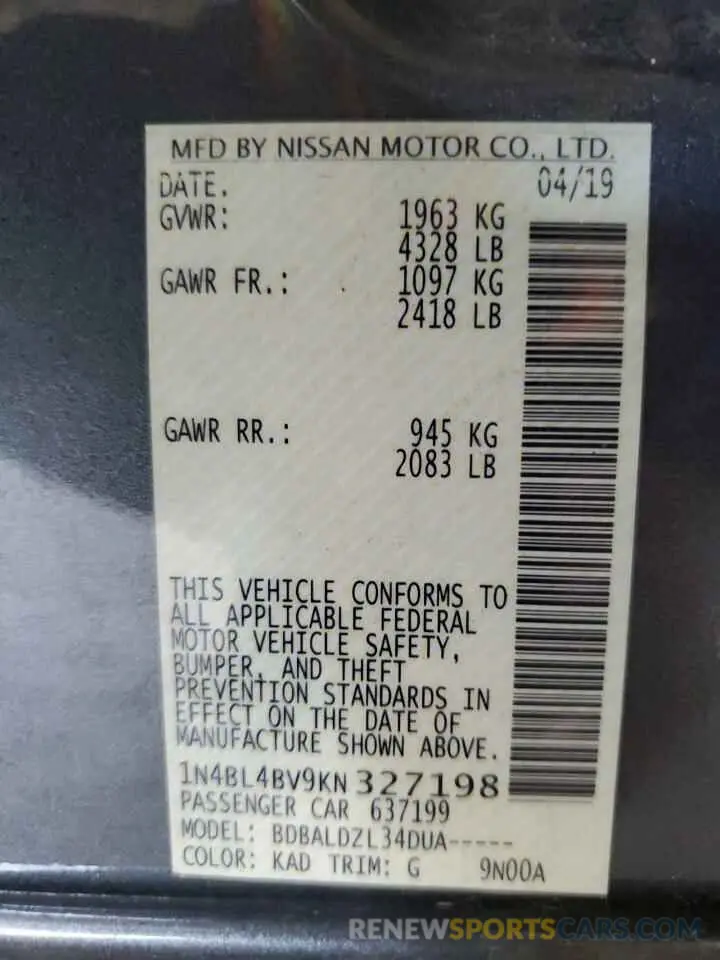 14 Photograph of a damaged car 1N4BL4BV9KN327198 NISSAN ALTIMA 2019