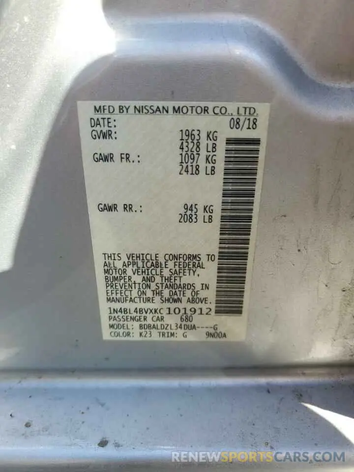13 Photograph of a damaged car 1N4BL4BVXKC101912 NISSAN ALTIMA 2019