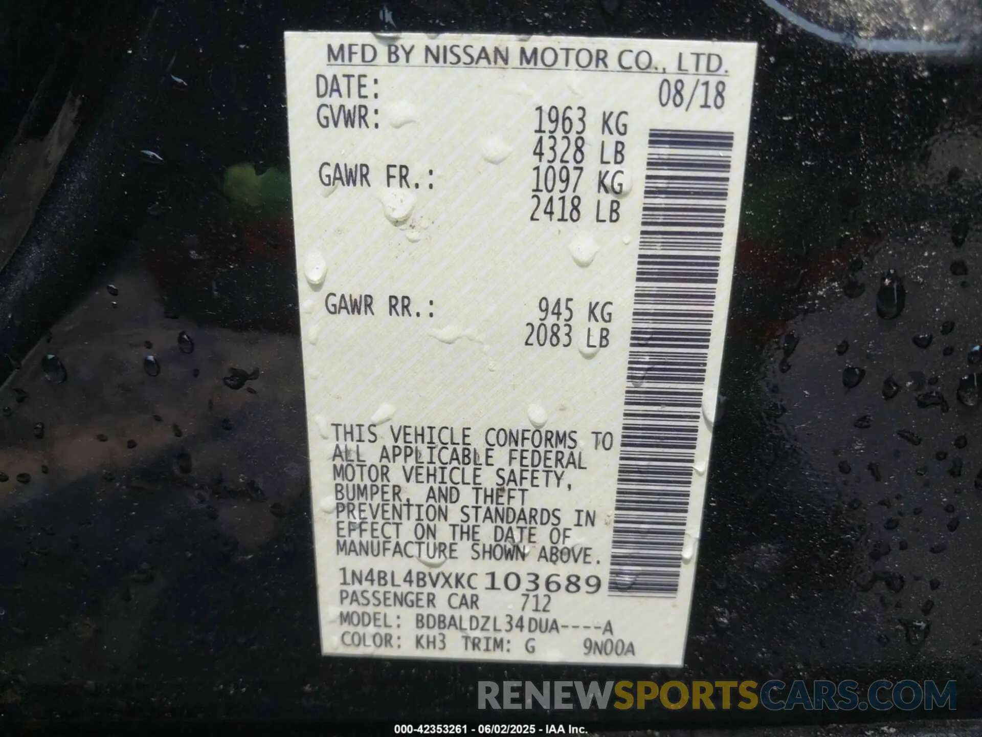 9 Photograph of a damaged car 1N4BL4BVXKC103689 NISSAN ALTIMA 2019