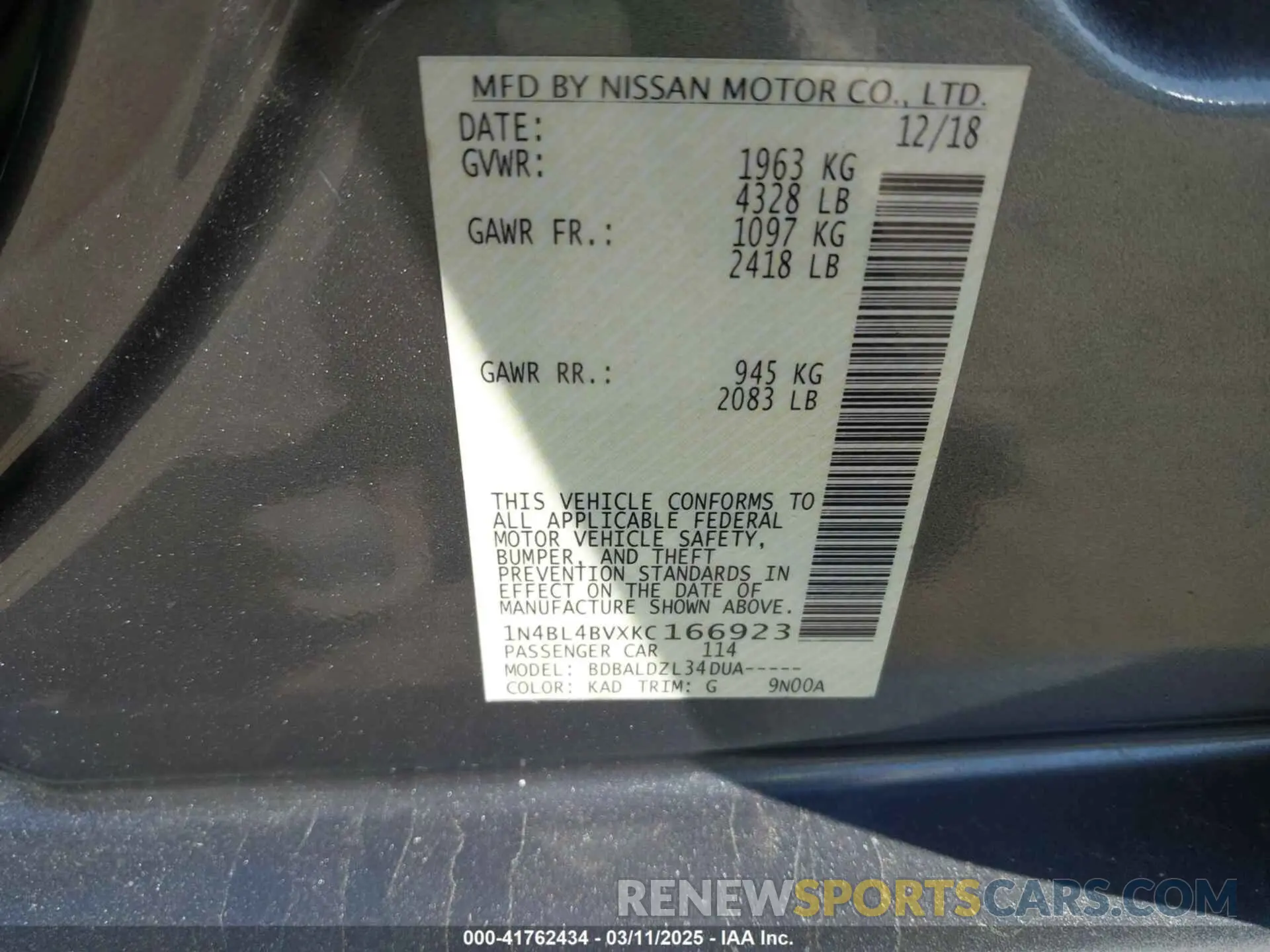 9 Photograph of a damaged car 1N4BL4BVXKC166923 NISSAN ALTIMA 2019