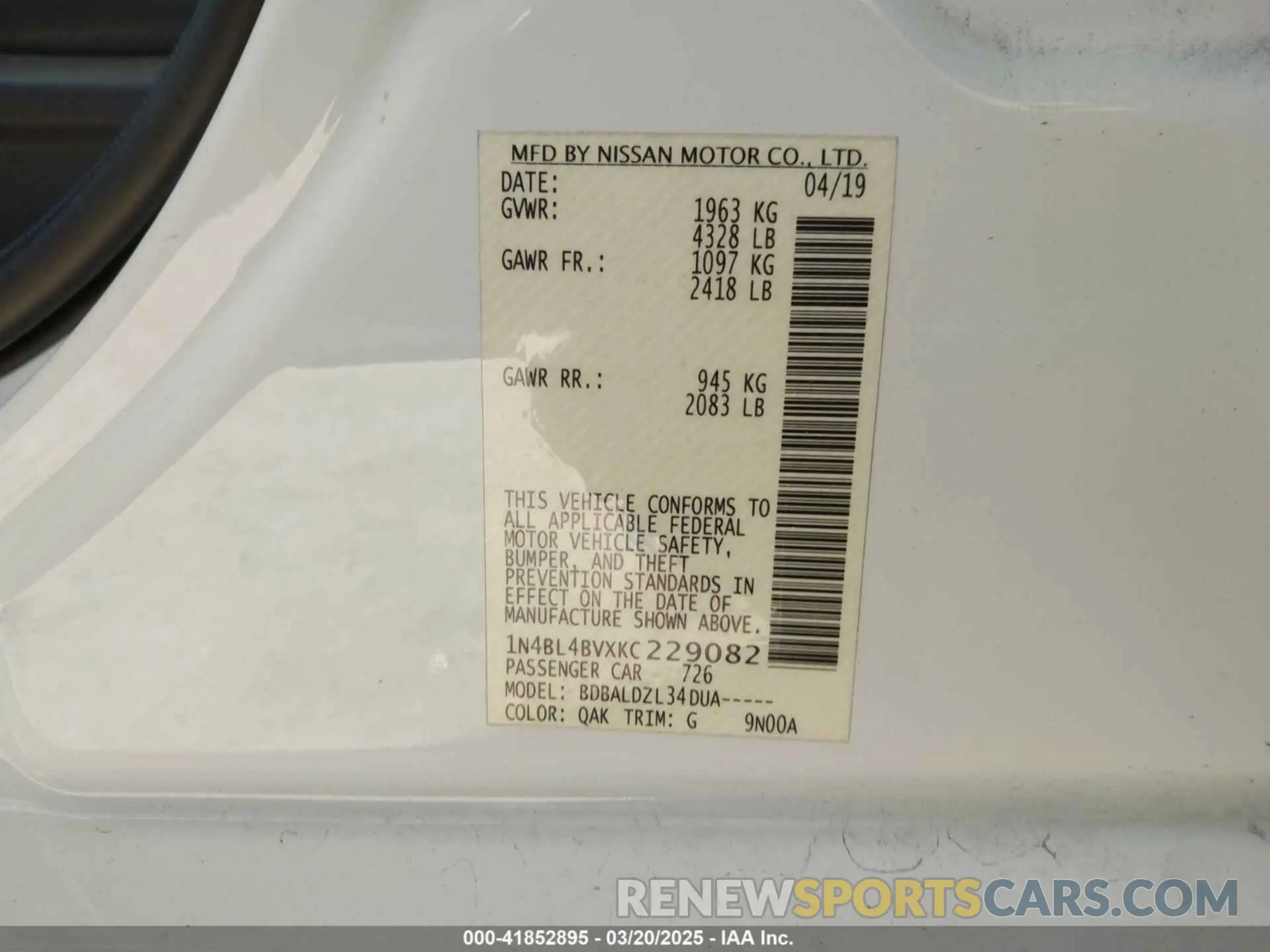 9 Photograph of a damaged car 1N4BL4BVXKC229082 NISSAN ALTIMA 2019