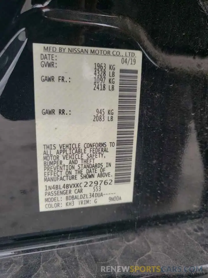 14 Photograph of a damaged car 1N4BL4BVXKC229762 NISSAN ALTIMA 2019