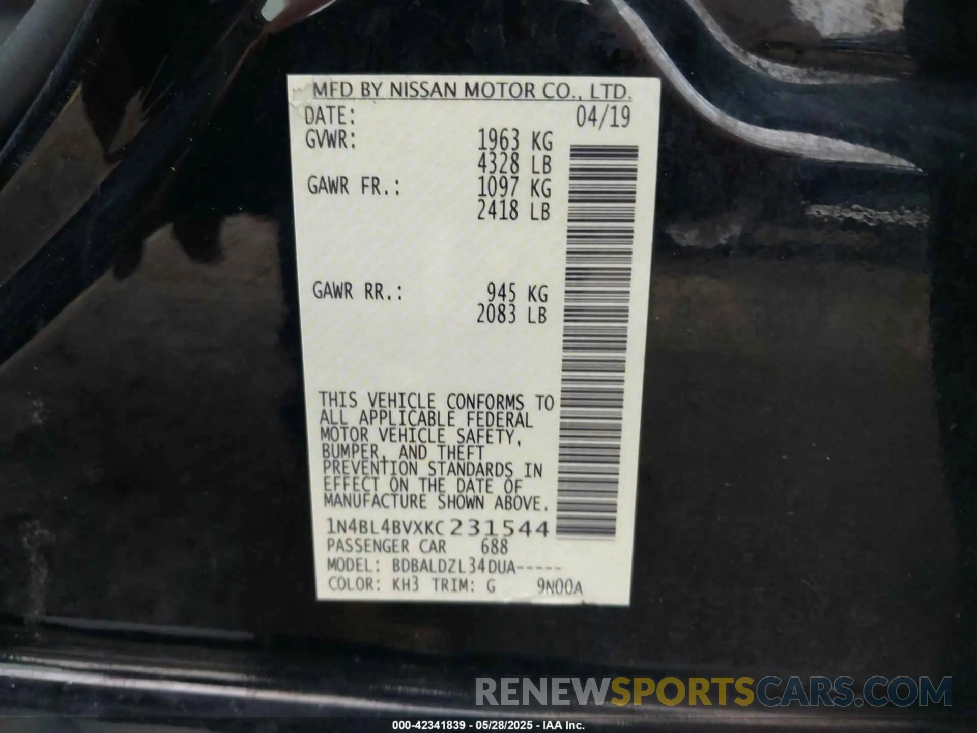 9 Photograph of a damaged car 1N4BL4BVXKC231544 NISSAN ALTIMA 2019