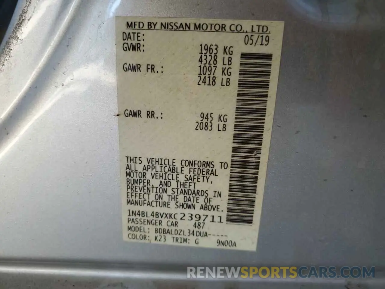 14 Photograph of a damaged car 1N4BL4BVXKC239711 NISSAN ALTIMA 2019