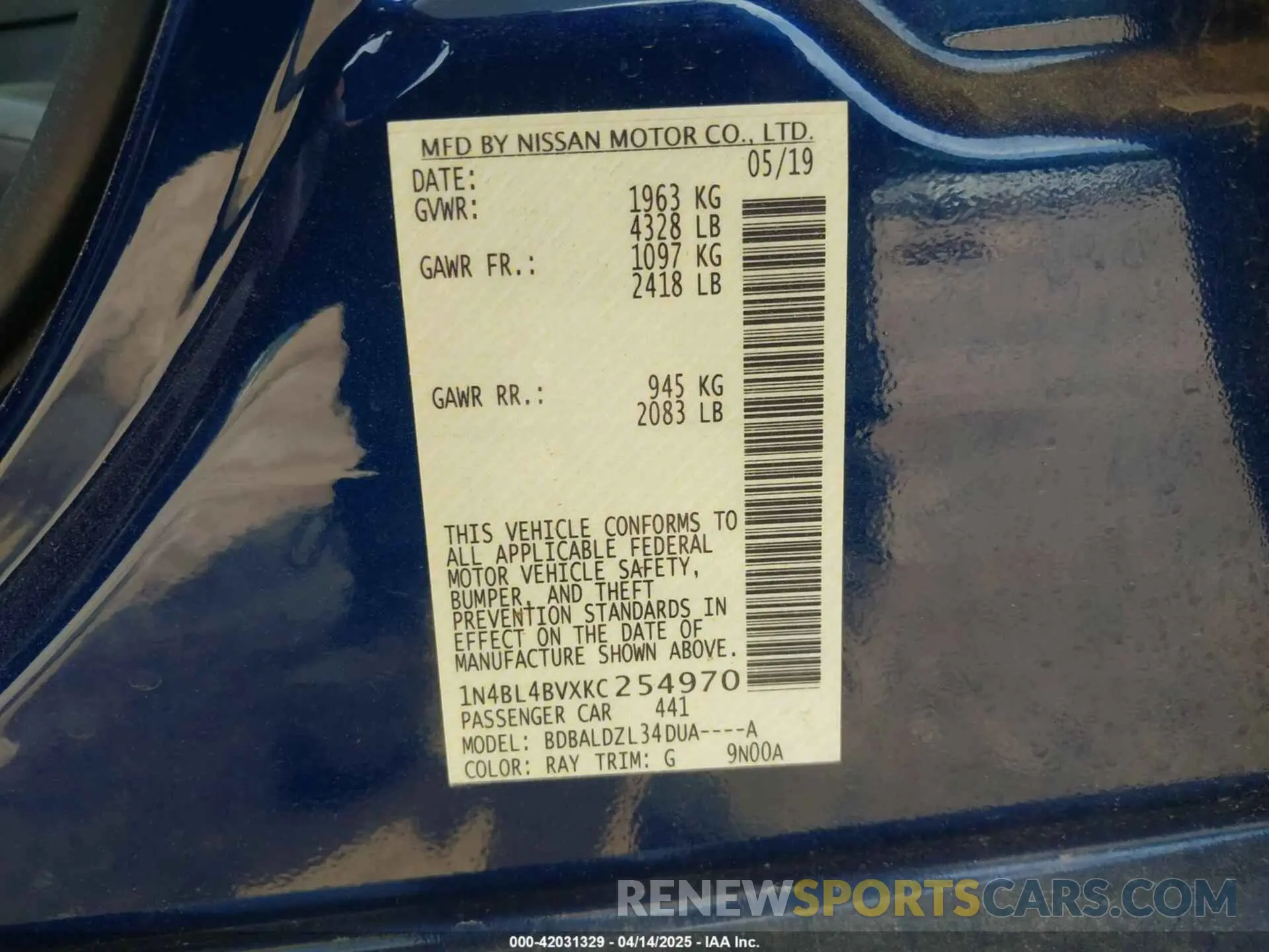 9 Photograph of a damaged car 1N4BL4BVXKC254970 NISSAN ALTIMA 2019