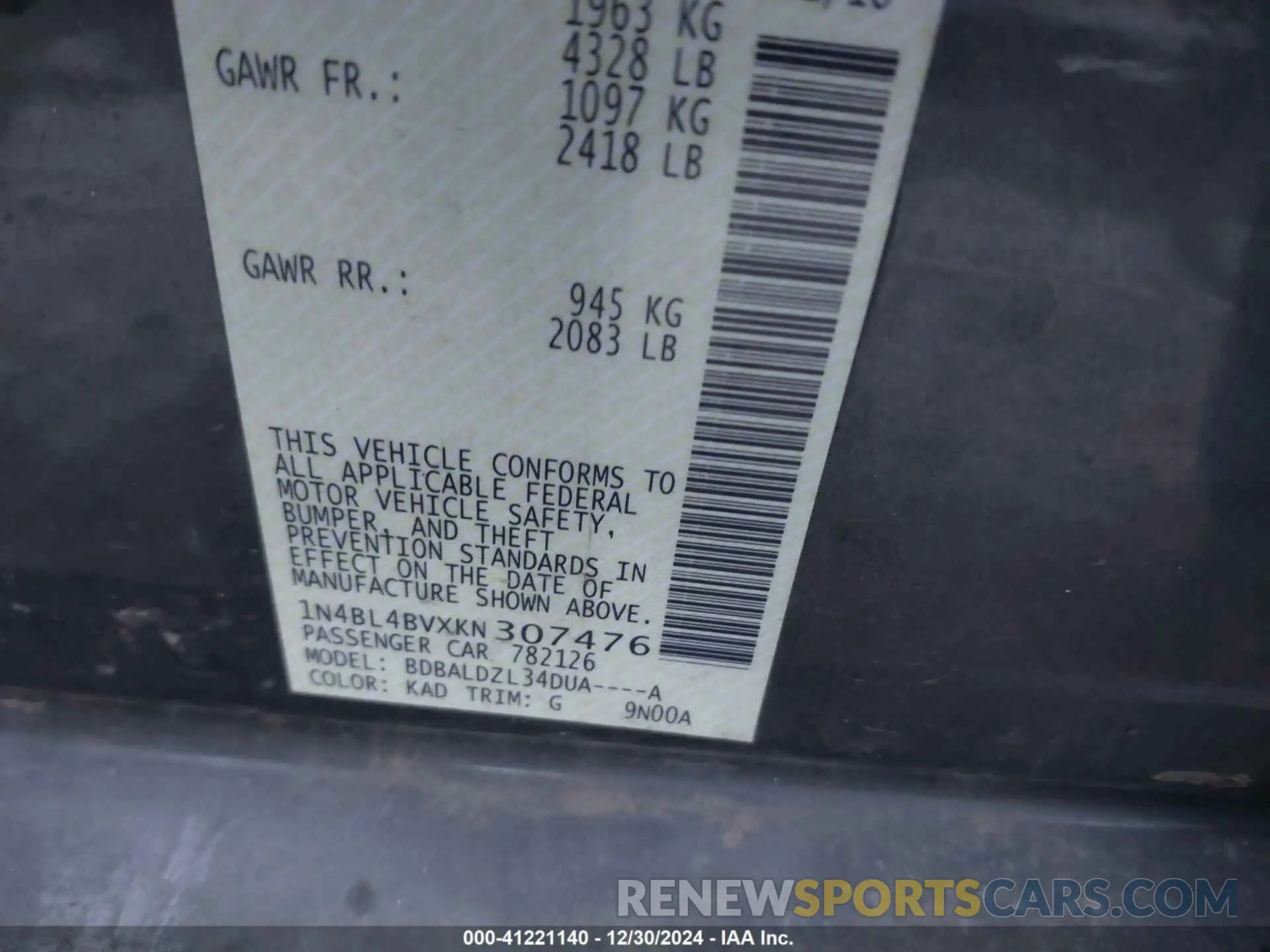 9 Photograph of a damaged car 1N4BL4BVXKN307476 NISSAN ALTIMA 2019