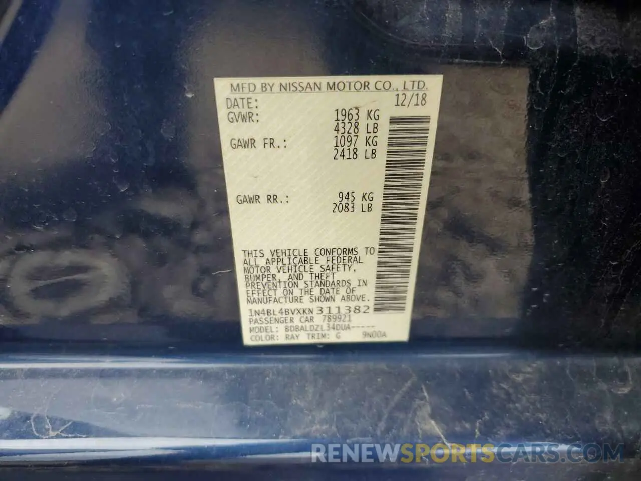 12 Photograph of a damaged car 1N4BL4BVXKN311382 NISSAN ALTIMA 2019