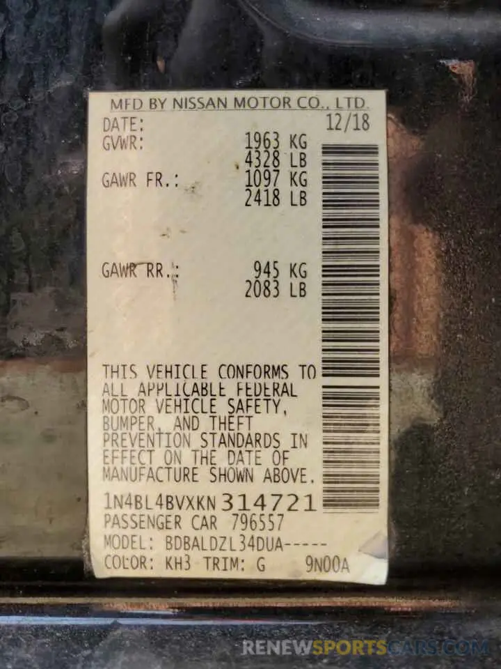 13 Photograph of a damaged car 1N4BL4BVXKN314721 NISSAN ALTIMA 2019