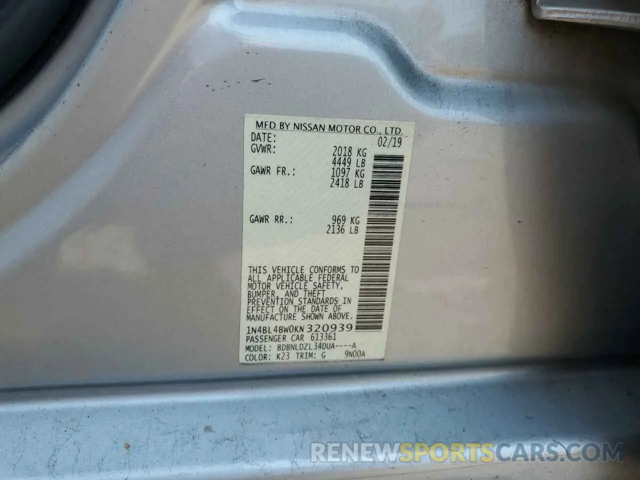 12 Photograph of a damaged car 1N4BL4BW0KN320939 NISSAN ALTIMA 2019