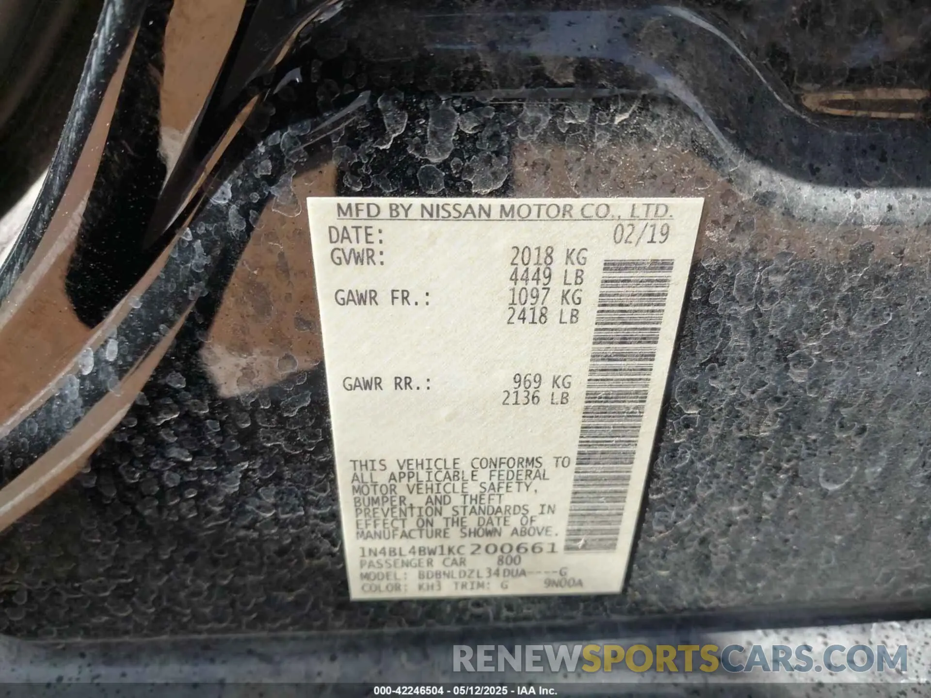 9 Photograph of a damaged car 1N4BL4BW1KC200661 NISSAN ALTIMA 2019