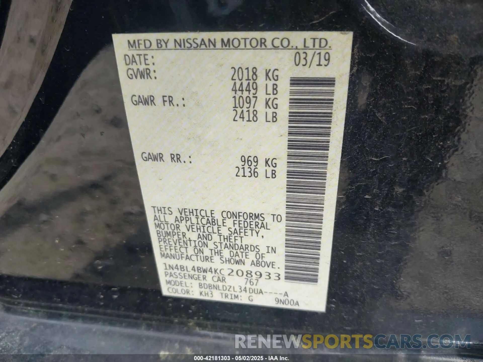 9 Photograph of a damaged car 1N4BL4BW4KC208933 NISSAN ALTIMA 2019