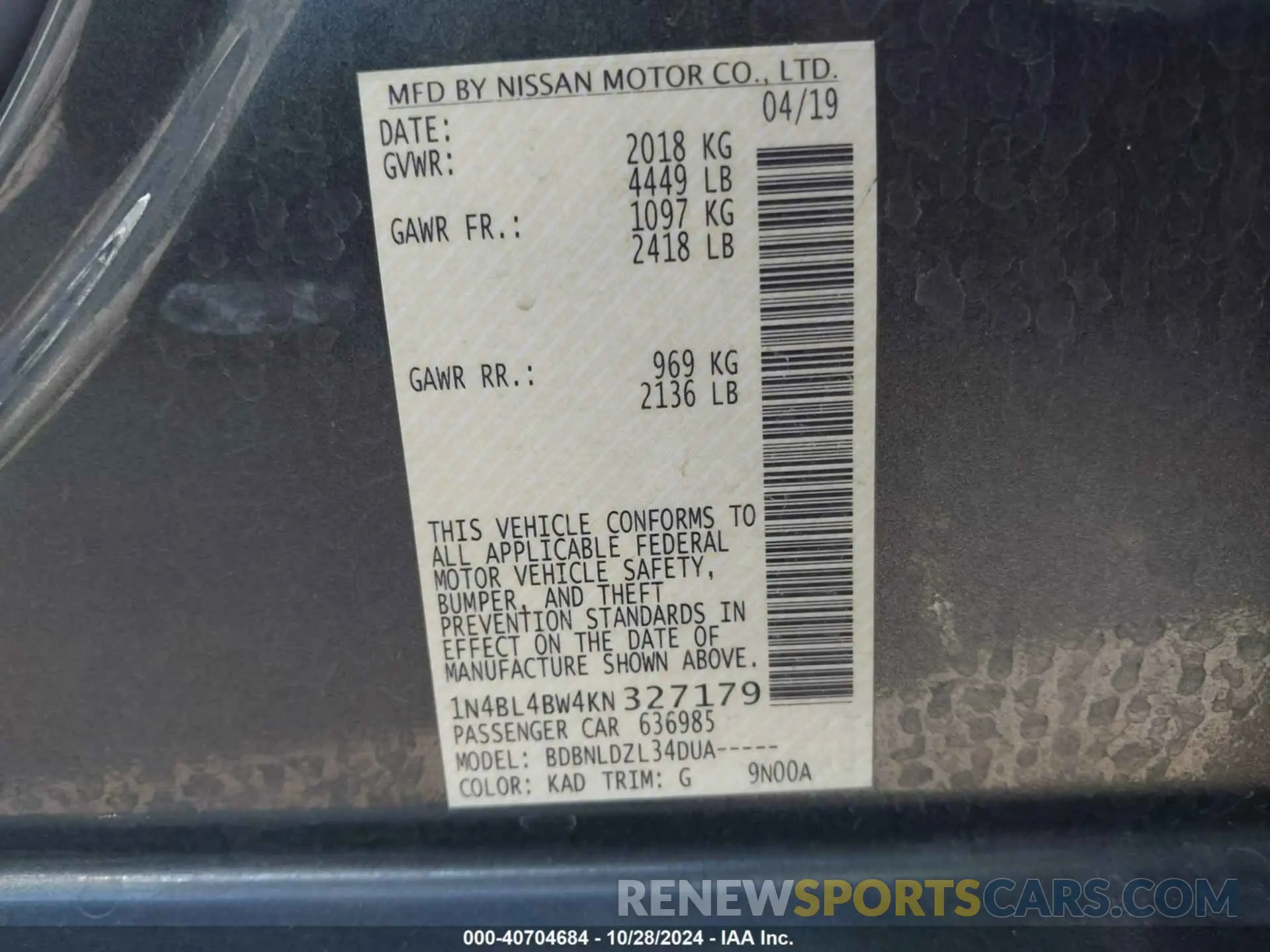 9 Photograph of a damaged car 1N4BL4BW4KN327179 NISSAN ALTIMA 2019