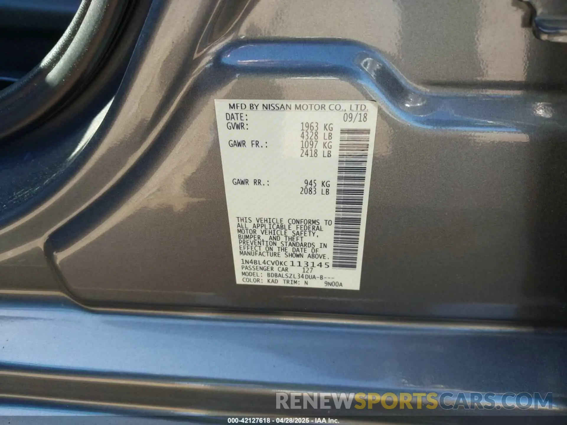 9 Photograph of a damaged car 1N4BL4CV0KC113145 NISSAN ALTIMA 2019