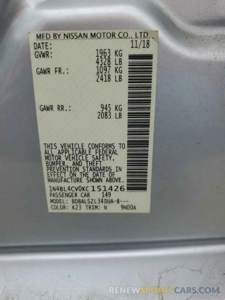 12 Photograph of a damaged car 1N4BL4CV0KC151426 NISSAN ALTIMA 2019
