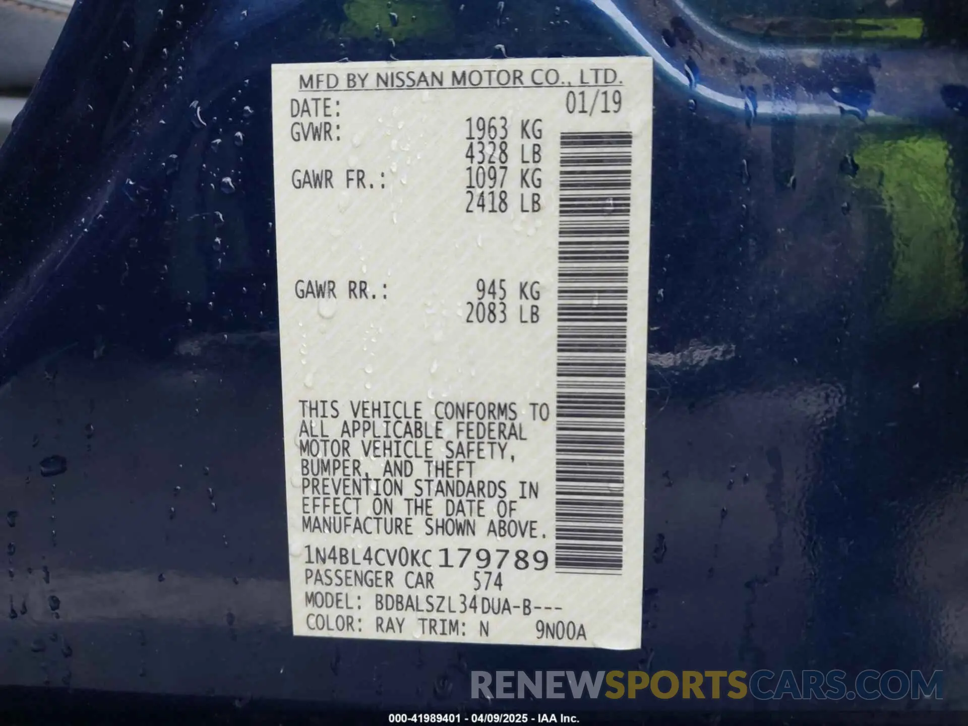 9 Photograph of a damaged car 1N4BL4CV0KC179789 NISSAN ALTIMA 2019