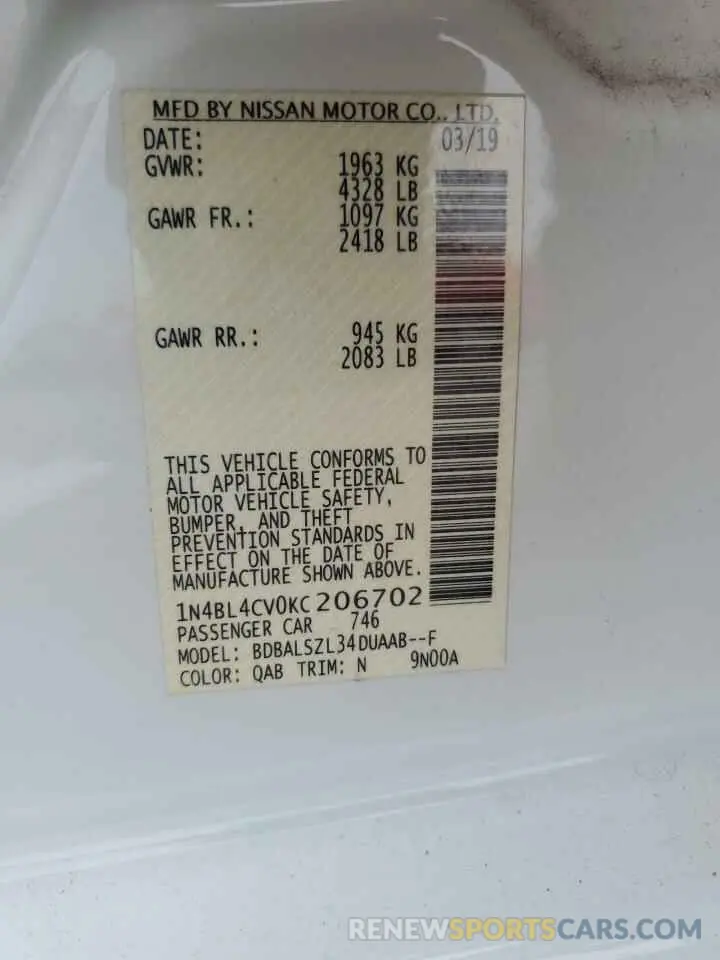 14 Photograph of a damaged car 1N4BL4CV0KC206702 NISSAN ALTIMA 2019