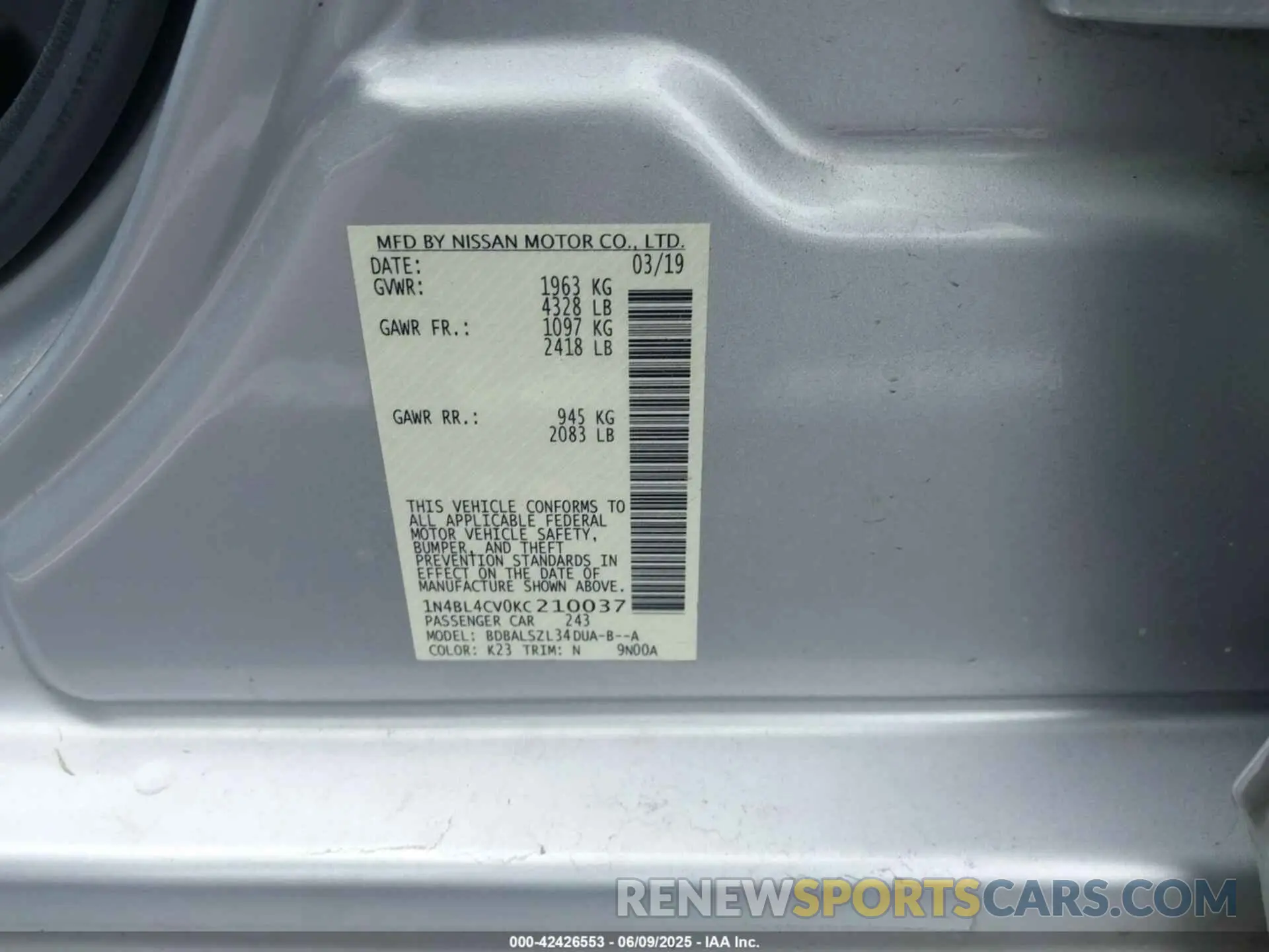 9 Photograph of a damaged car 1N4BL4CV0KC210037 NISSAN ALTIMA 2019