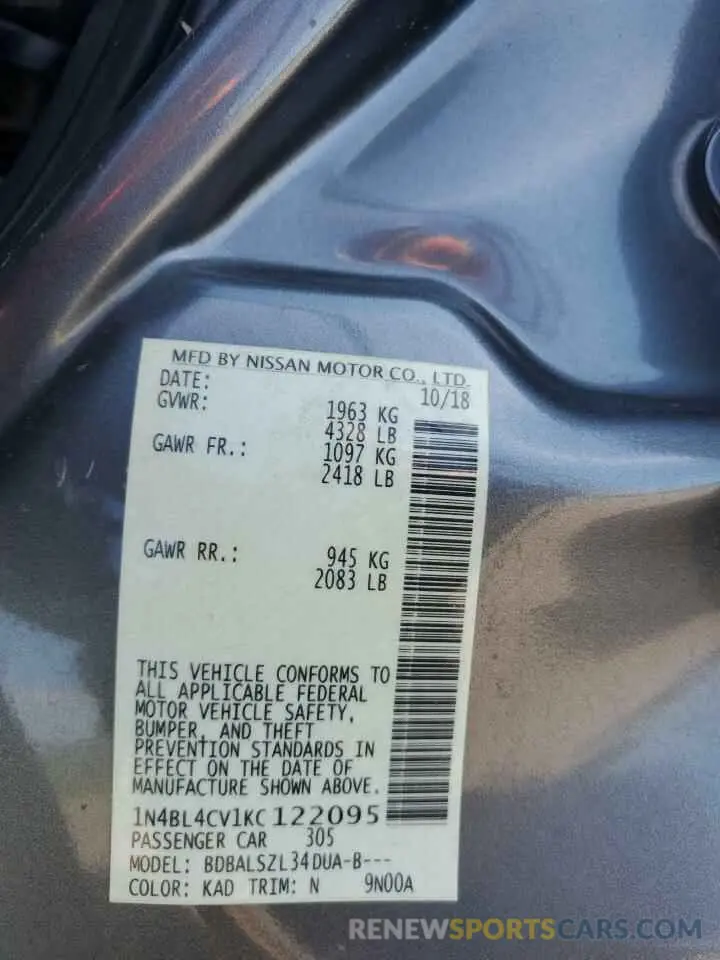 12 Photograph of a damaged car 1N4BL4CV1KC122095 NISSAN ALTIMA 2019