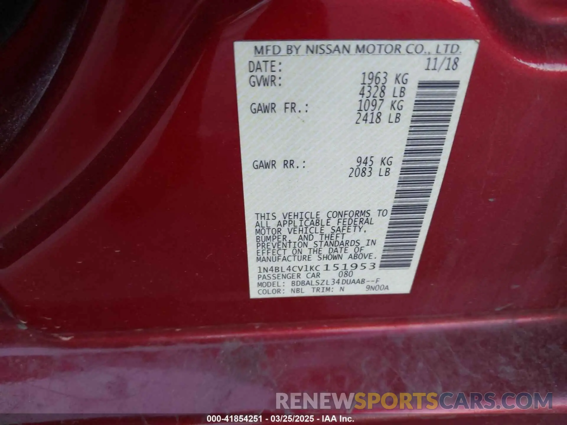 9 Photograph of a damaged car 1N4BL4CV1KC151953 NISSAN ALTIMA 2019