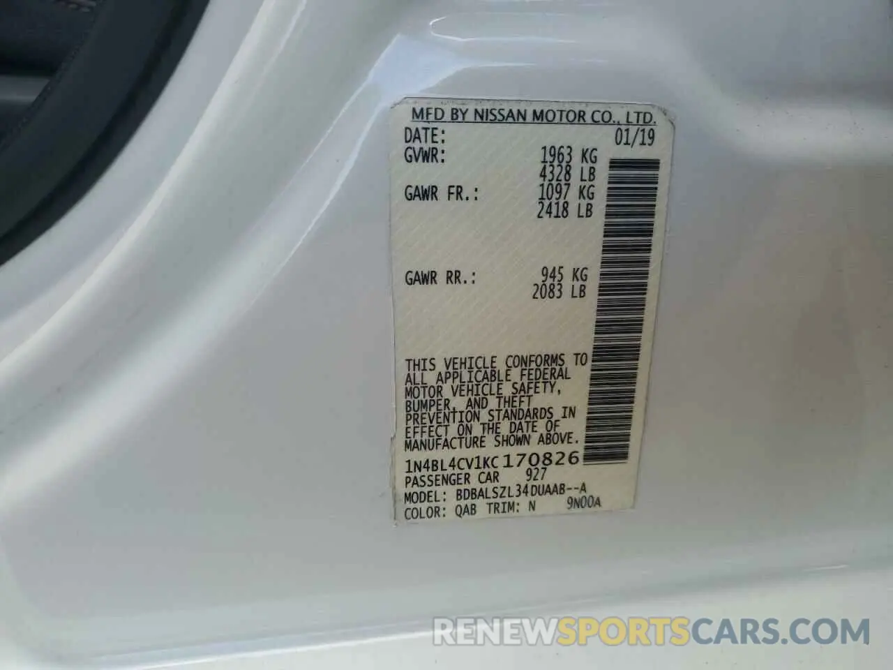 12 Photograph of a damaged car 1N4BL4CV1KC170826 NISSAN ALTIMA 2019