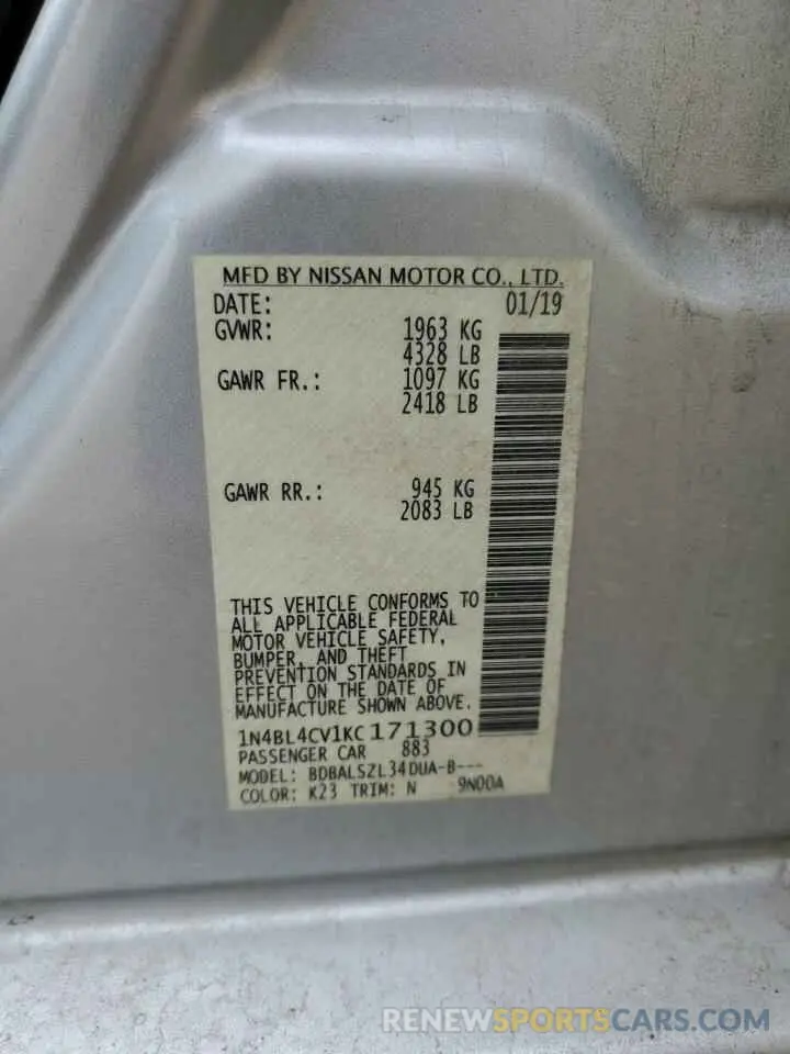 12 Photograph of a damaged car 1N4BL4CV1KC171300 NISSAN ALTIMA 2019