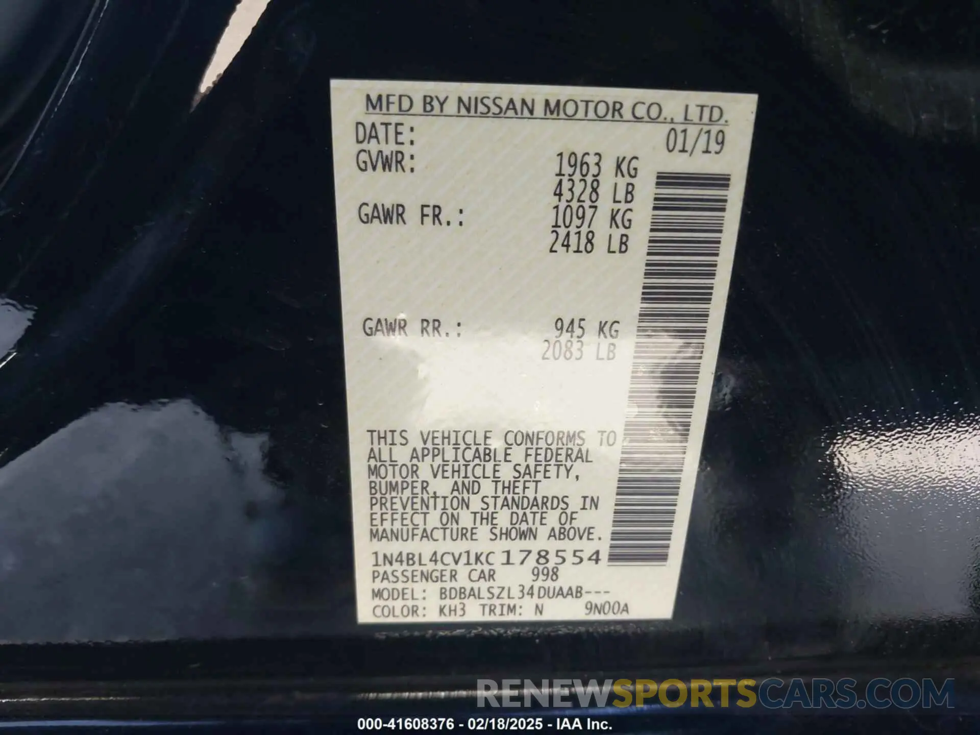 9 Photograph of a damaged car 1N4BL4CV1KC178554 NISSAN ALTIMA 2019