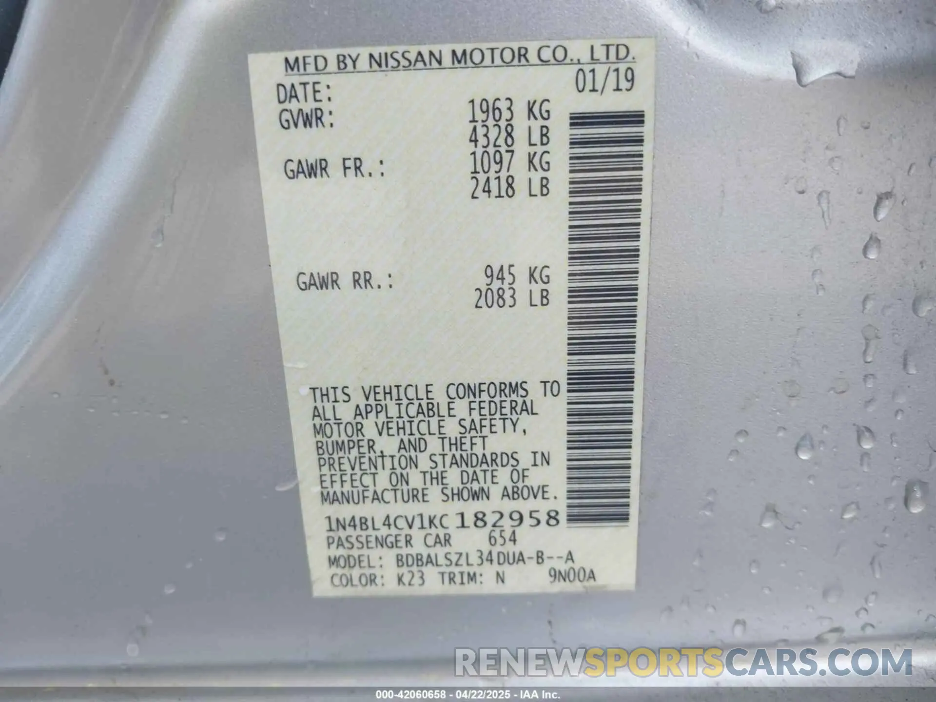 9 Photograph of a damaged car 1N4BL4CV1KC182958 NISSAN ALTIMA 2019