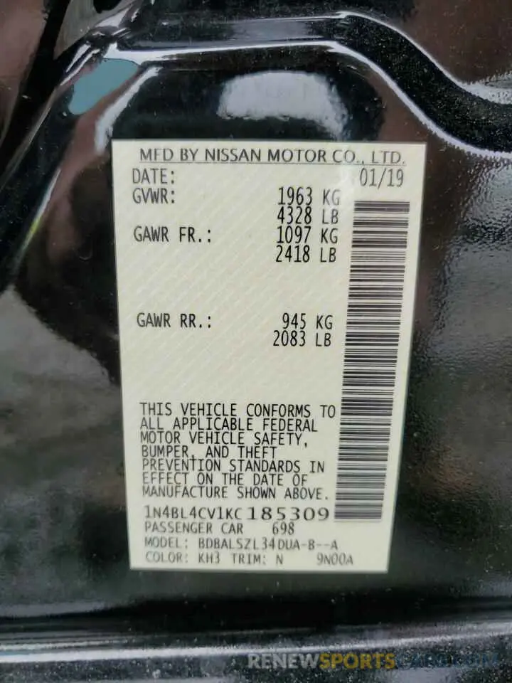 12 Photograph of a damaged car 1N4BL4CV1KC185309 NISSAN ALTIMA 2019
