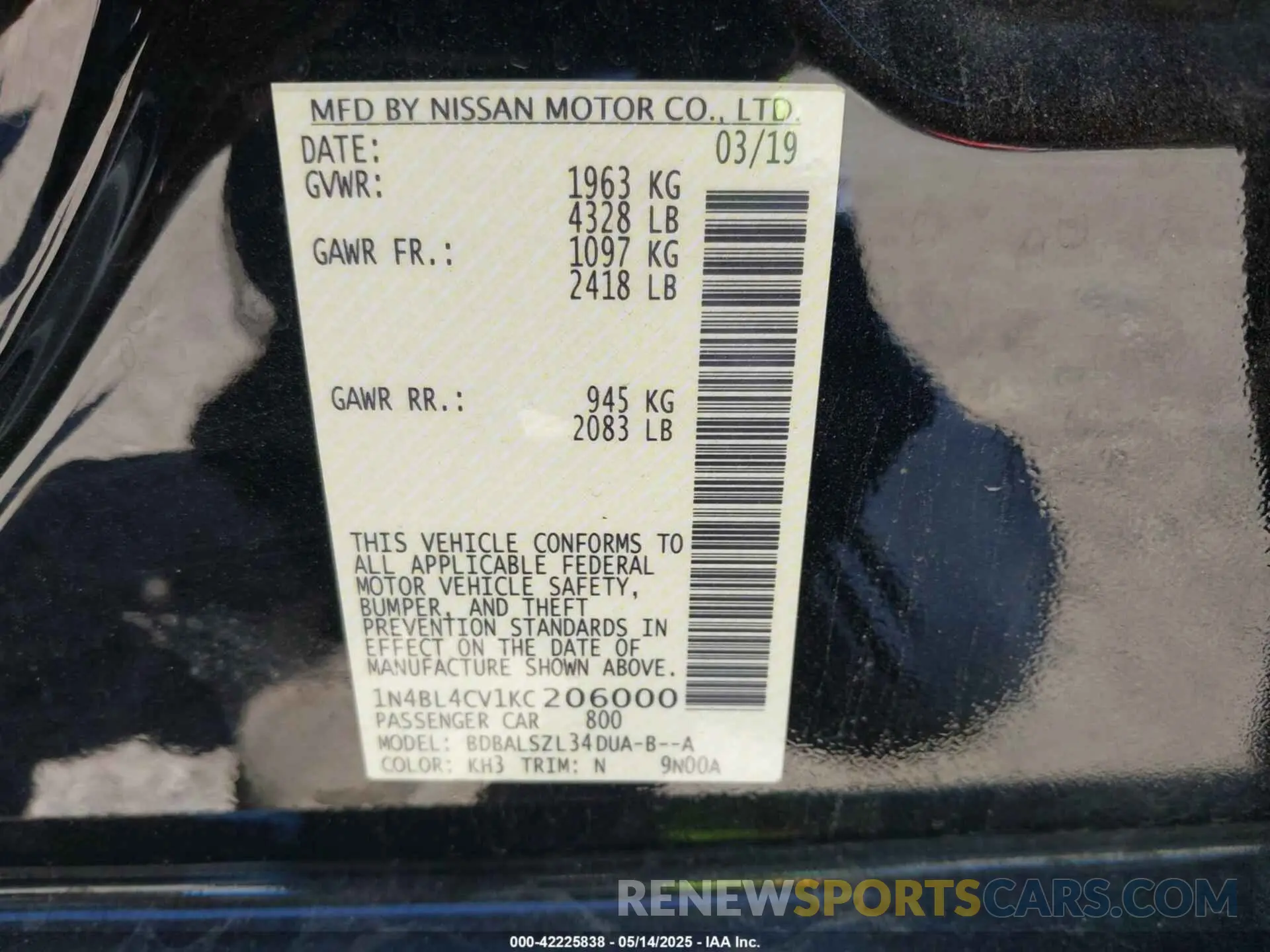 9 Photograph of a damaged car 1N4BL4CV1KC206000 NISSAN ALTIMA 2019