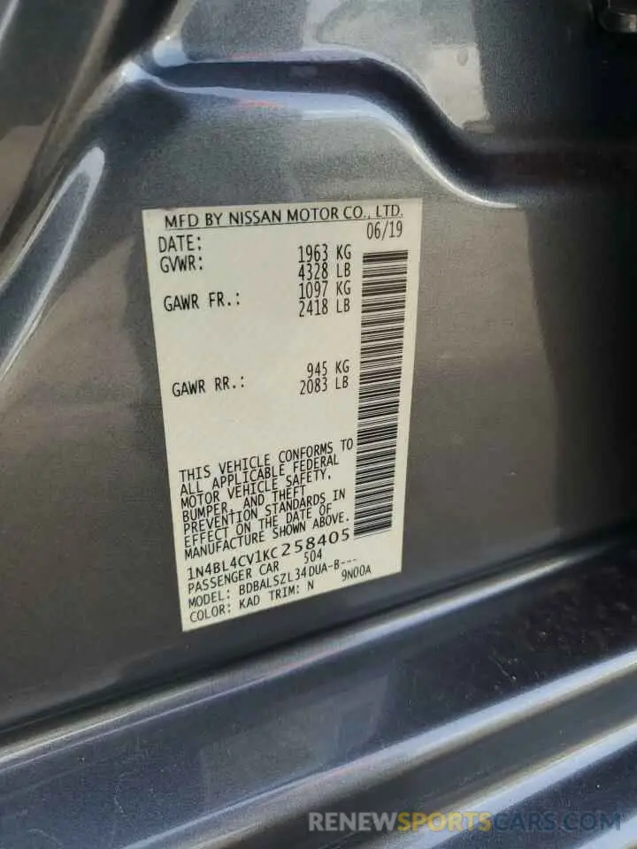 12 Photograph of a damaged car 1N4BL4CV1KC258405 NISSAN ALTIMA 2019