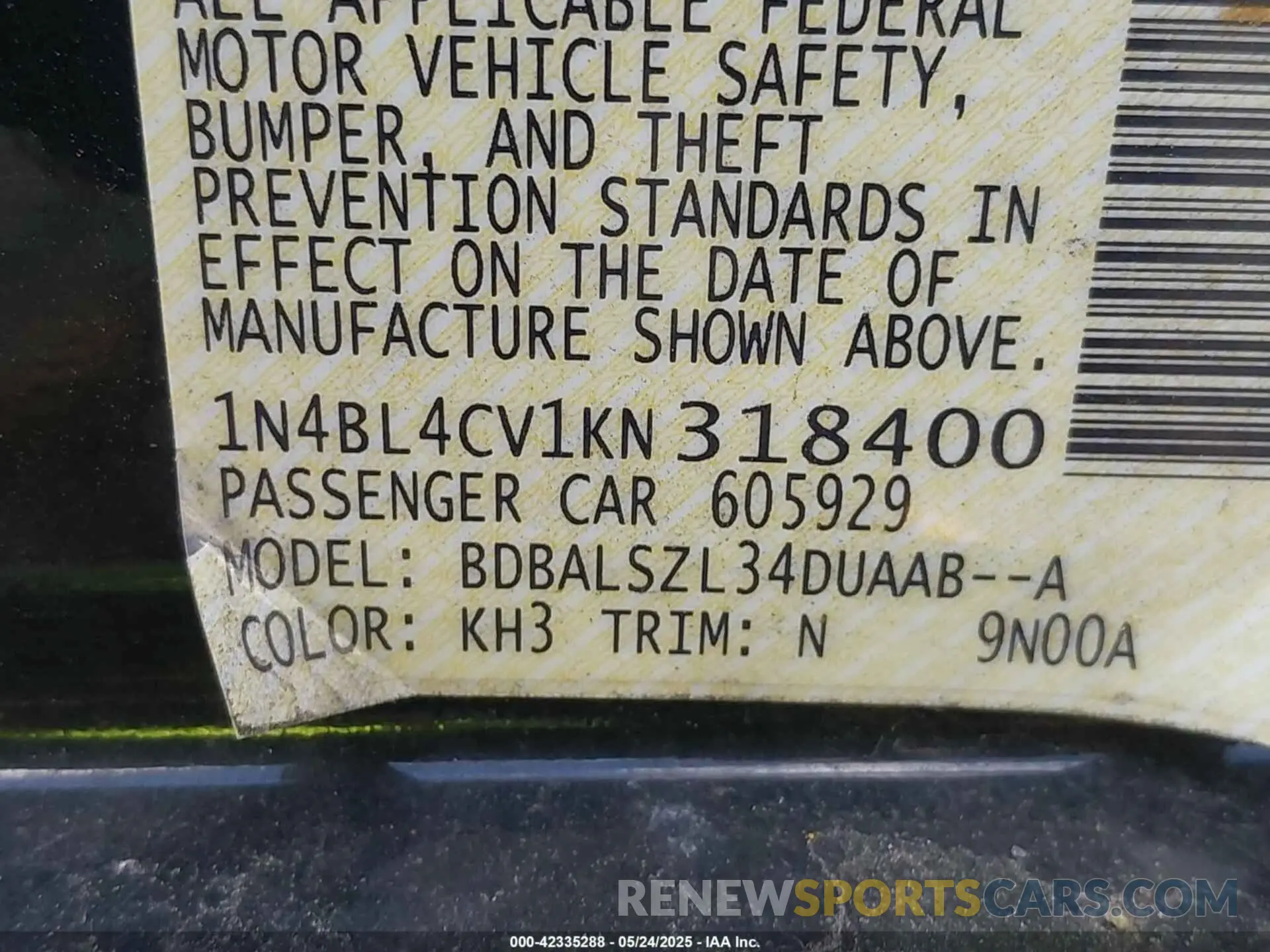 9 Photograph of a damaged car 1N4BL4CV1KN318400 NISSAN ALTIMA 2019
