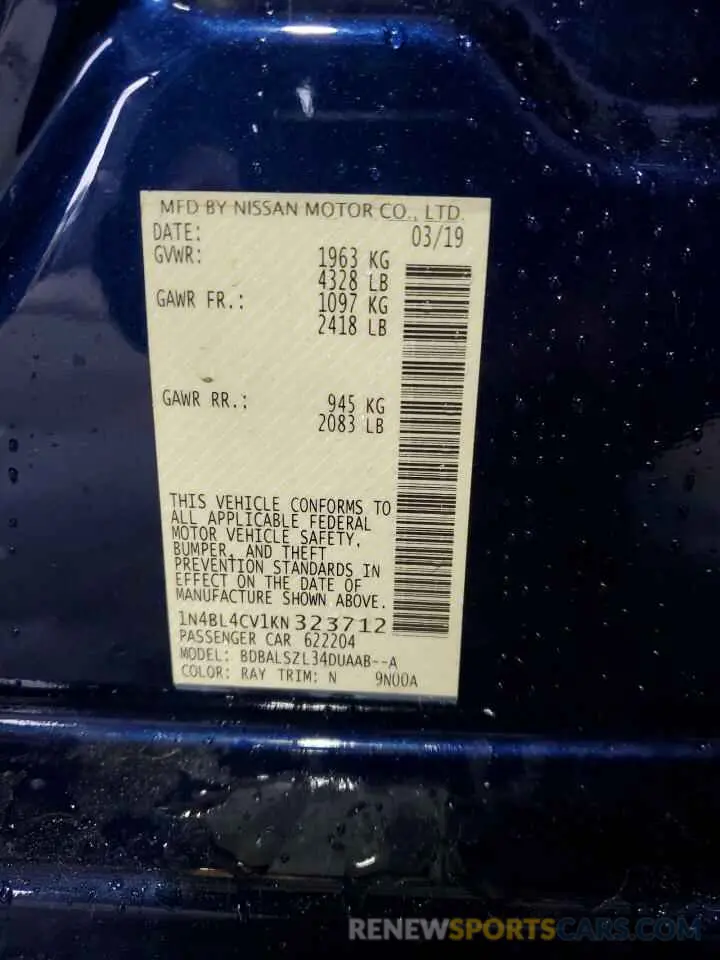 12 Photograph of a damaged car 1N4BL4CV1KN323712 NISSAN ALTIMA 2019