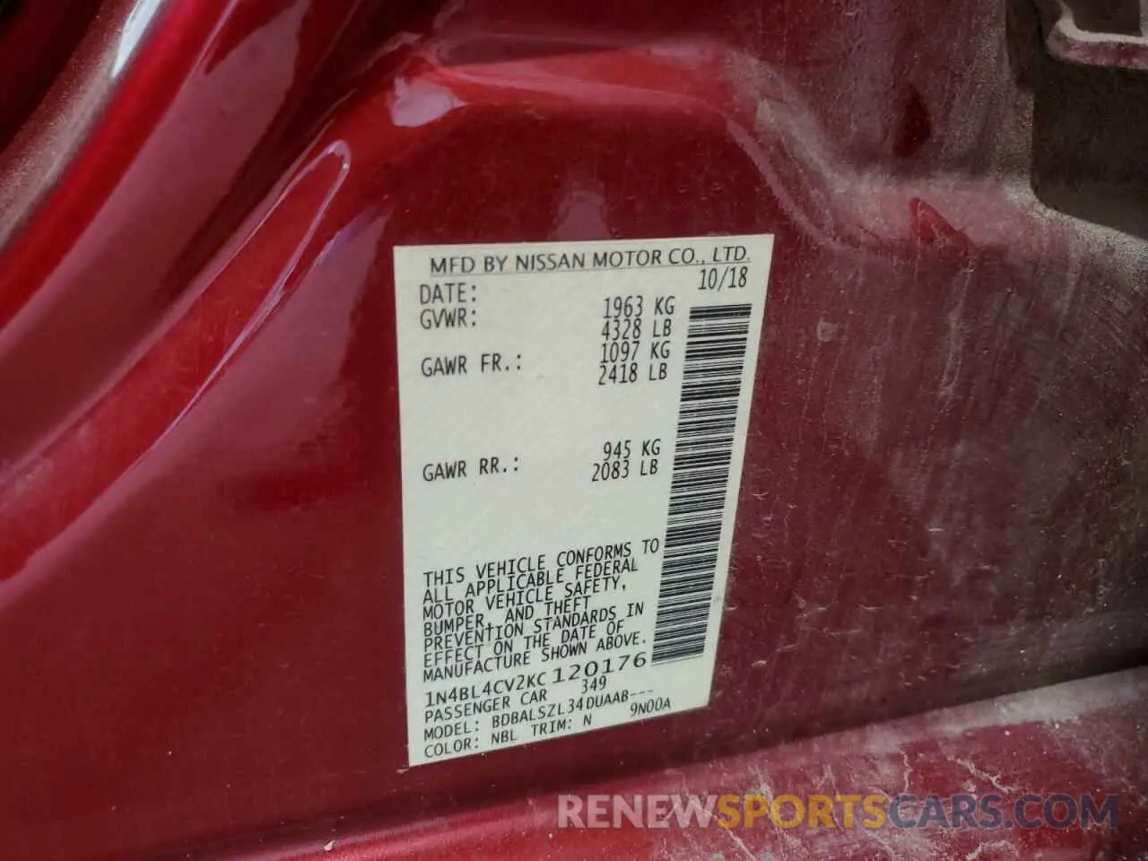12 Photograph of a damaged car 1N4BL4CV2KC120176 NISSAN ALTIMA 2019