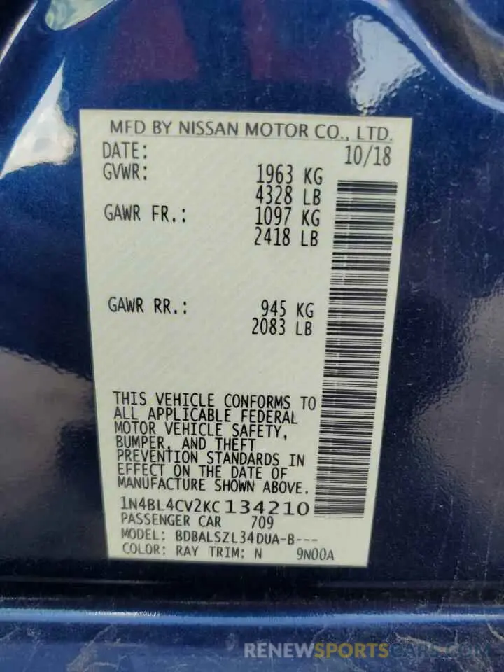 12 Photograph of a damaged car 1N4BL4CV2KC134210 NISSAN ALTIMA 2019
